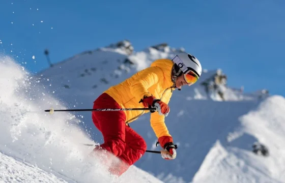 Skier in mid-descent on a snow-covered mountain slope with dramatic alpine peaks and pine forest below on a bright clear day