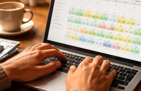 Hands typing on a laptop showing a flight price calendar used to find the best time to book cheap flights