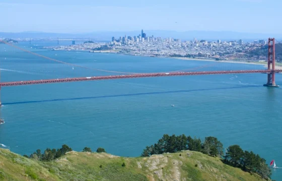 Marin Headlands trail with the Golden Gate Bridge spanning the bay