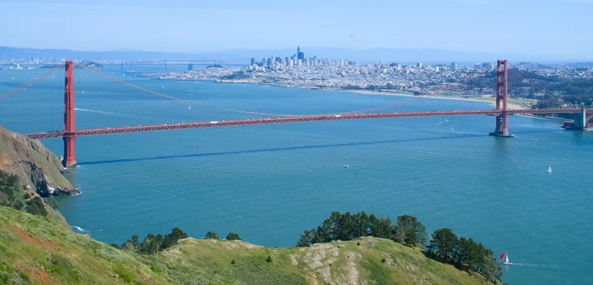 Marin Headlands trail with the Golden Gate Bridge spanning the bay