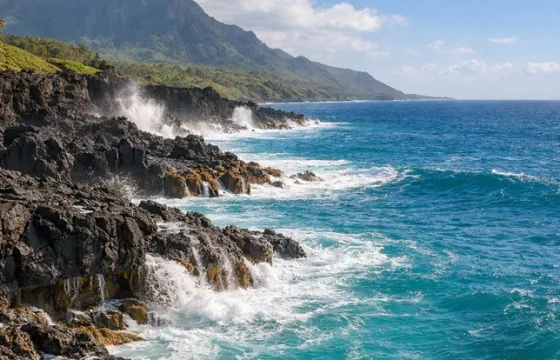 Dramatic Hawaiian volcanic black rock coastline meeting brilliant turquoise water