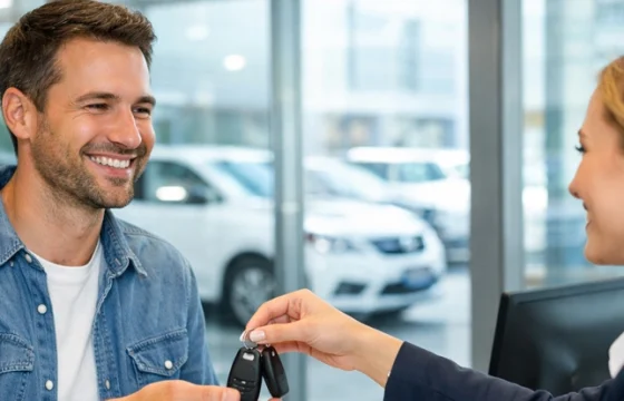 Smiling traveler receiving car keys from an agent at a bright modern car rental counter before a road trip