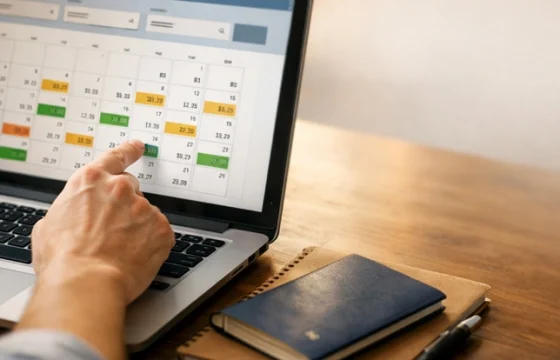 hand scrolling through a flight price calendar on a laptop screen while searching for cheap airline tickets