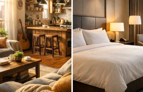 Warm vacation rental apartment living room with kitchen visible, representing the Airbnb vs hotel cost comparison