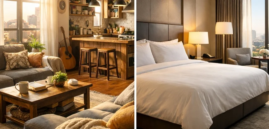 Warm vacation rental apartment living room with kitchen visible, representing the Airbnb vs hotel cost comparison