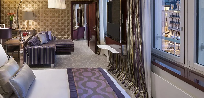 clean, aspirational hotel room with morning light