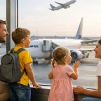 Young family with two small children at an airport departure gate looking excitedly at planes through terminal windows