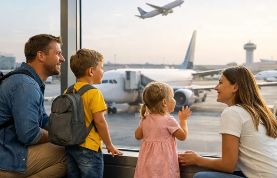 Young family with two small children at an airport departure gate looking excitedly at planes through terminal windows
