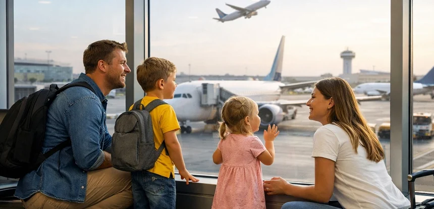 Young family with two small children at an airport departure gate looking excitedly at planes through terminal windows