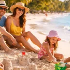 Happy family with three kids playing on a turquoise Caribbean beach on a budget vacation