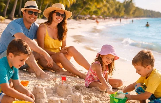 Happy family with three kids playing on a turquoise Caribbean beach on a budget vacation