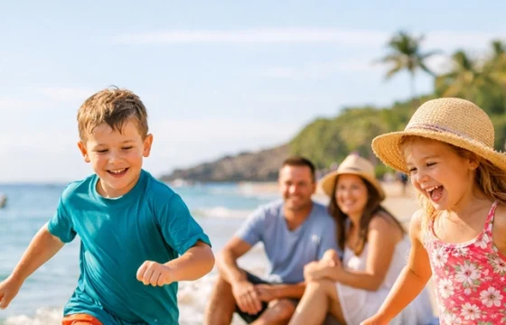 Family with two children playing at a sunny beach or park in bright spring sunshine on a budget spring break vacation