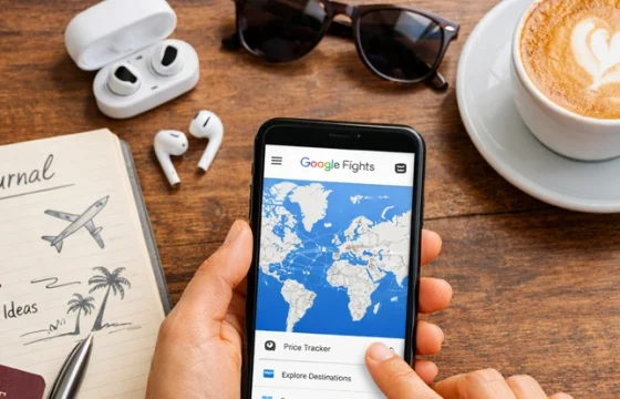 Person using a smartphone flight search app showing a world map with route lines to find cheap flights