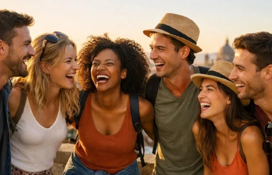 Group of five friends laughing together at a travel destination with a scenic overlook or city landmark in the background