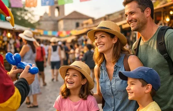 Happy family with two children exploring a colorful outdoor market together on a budget family vacation