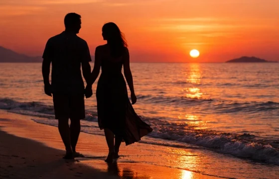 Romantic couple walking along a beach at sunset with soft warm light reflecting on calm water for their honeymoon