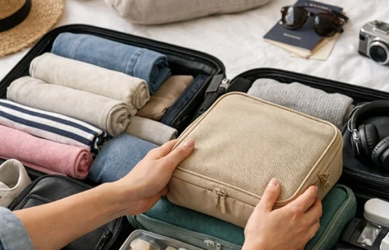 Open suitcase with neatly rolled clothes, travel cubes and accessories being packed for a flight in a bright bedroom
