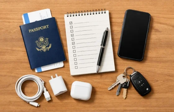 Overhead flat lay of pre-departure travel essentials including passport, boarding pass, phone, charger and handwritten checklist