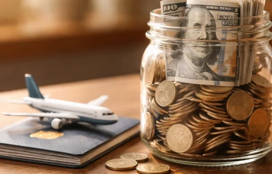 Glass jar filled with coins and cash beside a passport and miniature airplane representing a travel savings fund