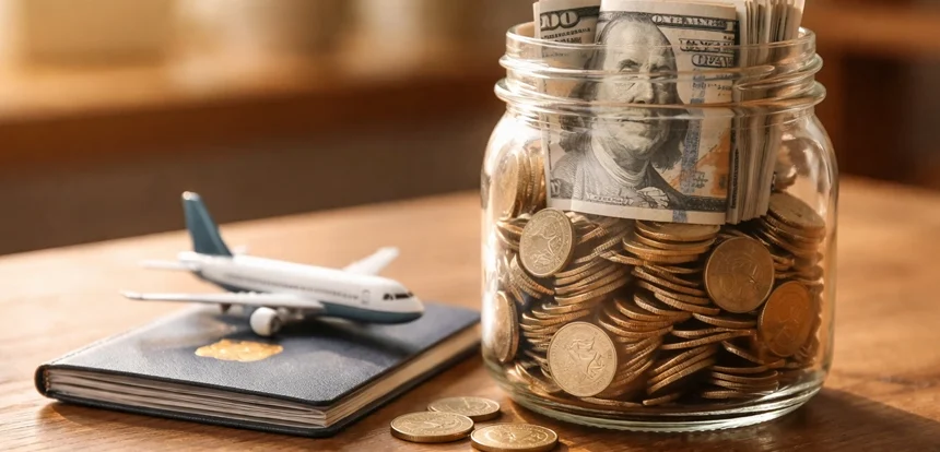 Glass jar filled with coins and cash beside a passport and miniature airplane representing a travel savings fund