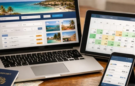 Laptop, tablet and smartphone on a desk showing travel booking sites, maps and price calendars for flight and hotel research