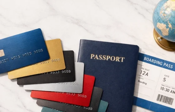Several travel credit cards fanned out next to a passport and boarding pass on a white marble surface