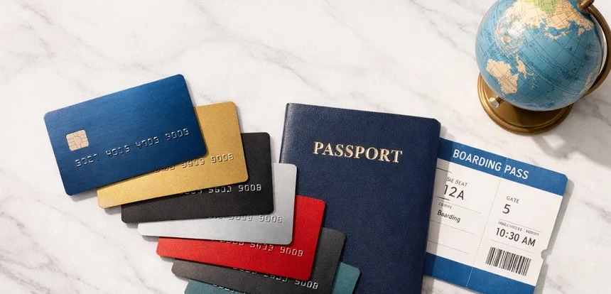 Several travel credit cards fanned out next to a passport and boarding pass on a white marble surface