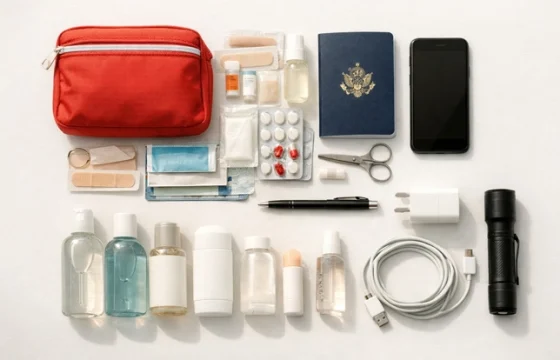 Overhead flat lay of compact travel emergency kit essentials including first aid items, passport and phone charger on white surface