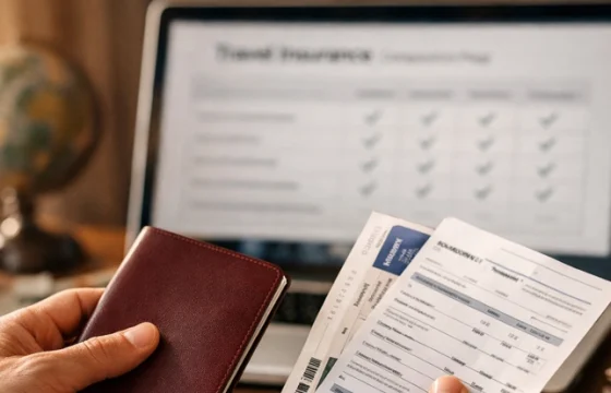 Hands holding a passport and travel insurance documents at a desk with a laptop showing an insurance comparison page